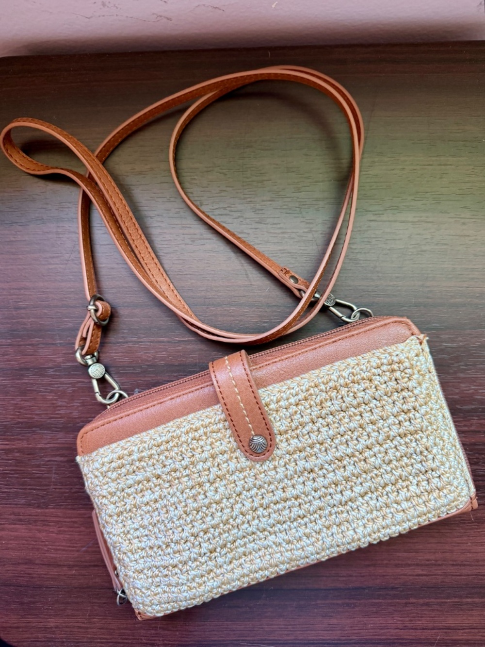 The SAK Iris Smartphone Brown and Tan Woven crossbody